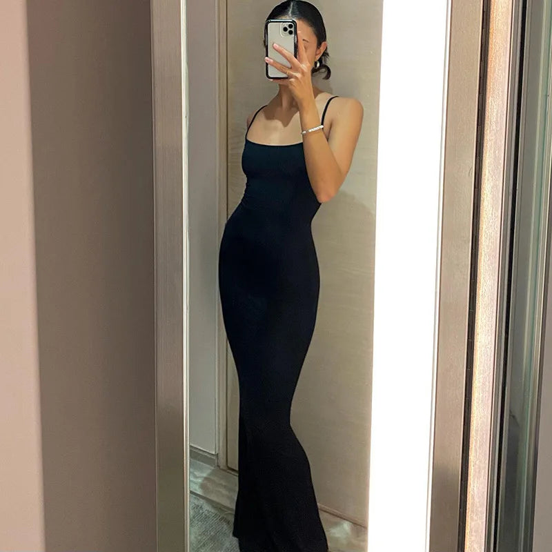 2024 Summer Dresses For Women Sexy Spaghetti Strap Black Long Dress Y2k Sleeveless Solid Skinny Bodycon Trumpet Maxi Vestidos