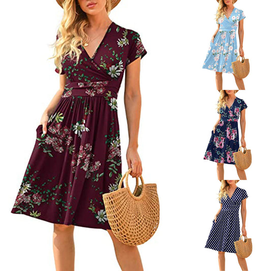 2024 Amazon Spring/Summer New Women's Long Skirt V-neck Short Sleeve Pocket Printed Loose Dress in Europe and America